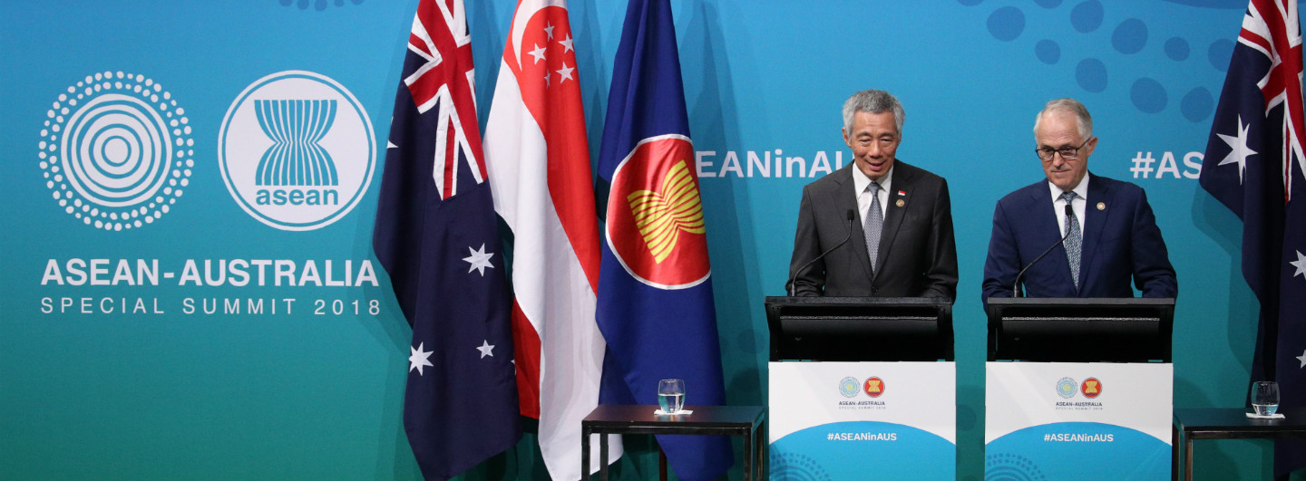 Singapore PM Lee Hsien Loong at the ASEAN-Australia Special Summit Joint Press Conference with Australian PM Malcolm Turnbull