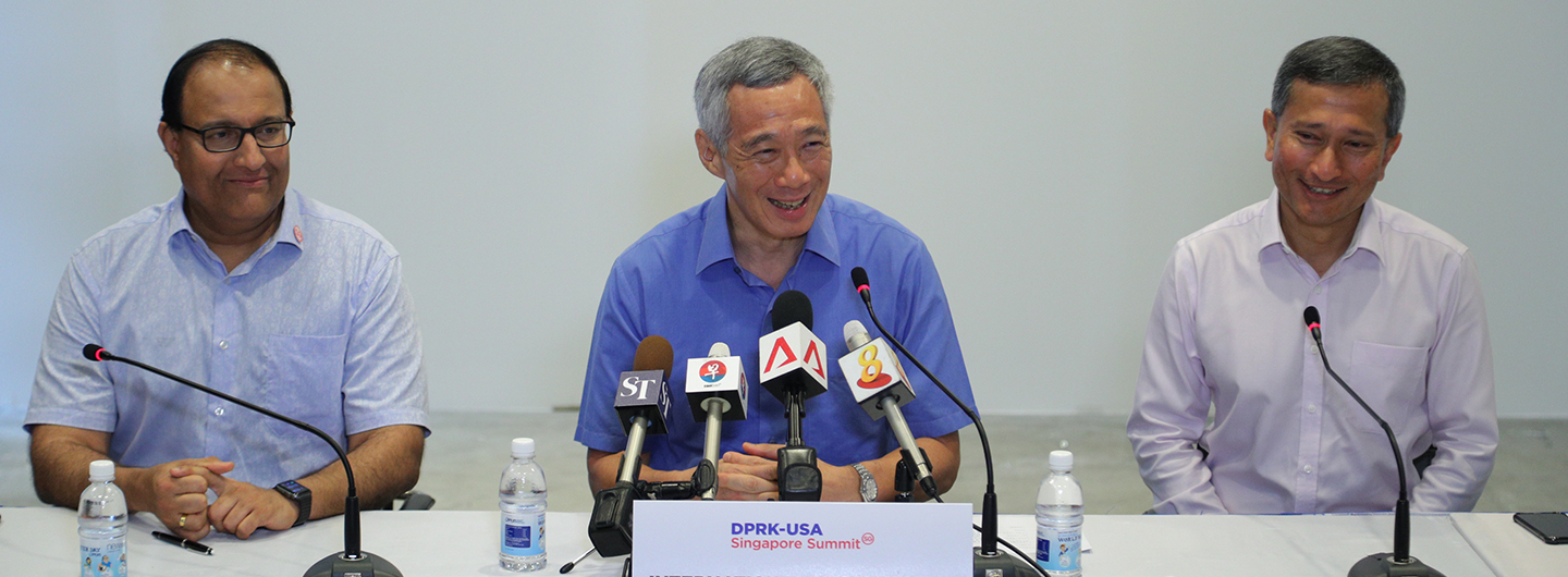 PM Lee Hsien Loong at Doorstop Interview with Local Media at International Media Centre on 10 Jun 2018 (MCI Photo by Kenji Soon)