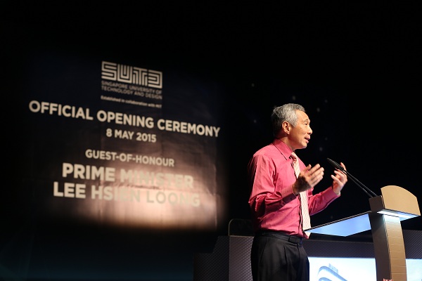 Prime Minister Lee Hsien Loong speaks at the opening of the SUTD East Coast Campus on 8 May 2015.