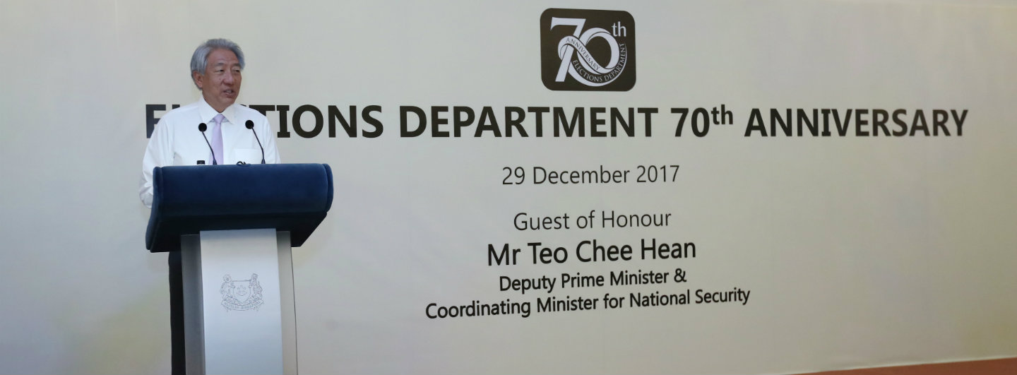 DPM Teo Chee Hean speaking at the 70th anniversary of the Elections Department.