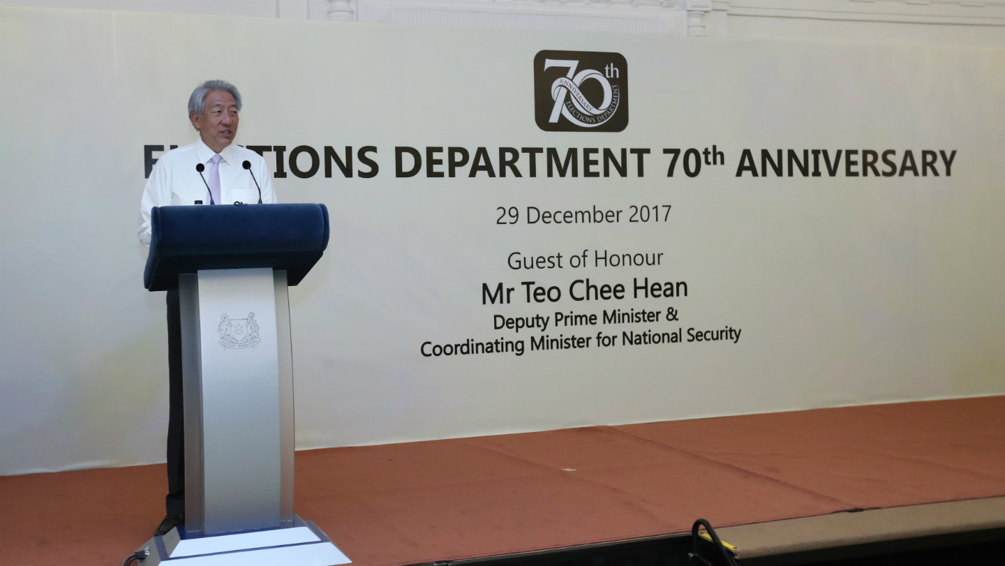 DPM Teo Chee Hean speaking at the 70th anniversary of the Elections Department.