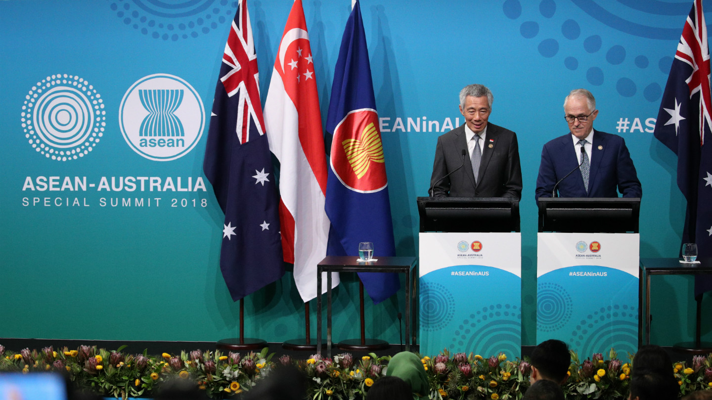 Singapore PM Lee Hsien Loong at the ASEAN-Australia Special Summit Joint Press Conference with Australian PM Malcolm Turnbull