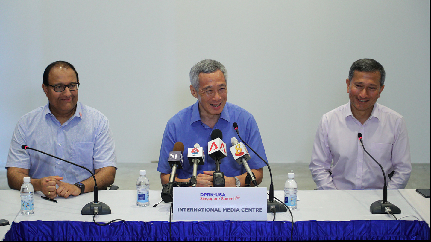 PM Lee Hsien Loong doorstop interview at International Media Centre on 10 Jun 2018 (MCI Photo by Kenji Soon)