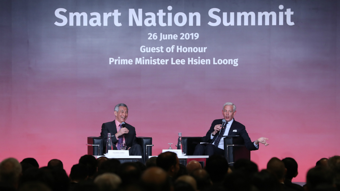 PM Lee Hsien Loong at the Closing Dialogue of the Smart Nation Summit on 26 Jun 2019. With him is Mr Dominic Barton, Global Managing Partner Emeritus of McKinsey & Company, who was dialogue moderator. 