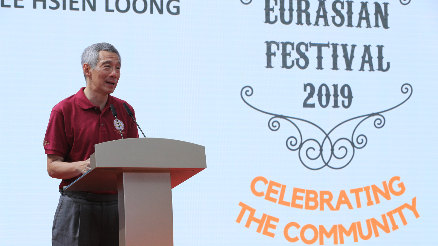 Prime Minister Lee Hsien Loong giving a speech at the 100th anniversary of the Eurasian Association on 27 July 2019.