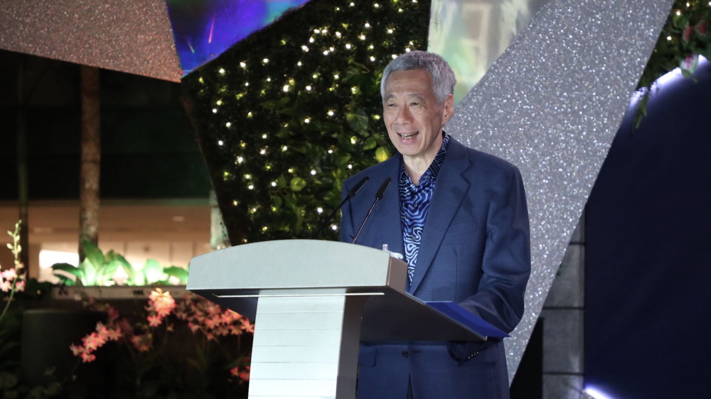PM Lee Hsien Loong giving a speech at the Official Opening of Jewel Changi Airport on 18 Oct 2019. 