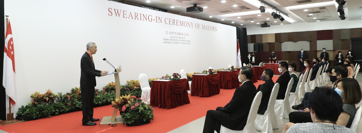 PM Lee Hsien Loong giving a speech at the Swearing-In Ceremony for Mayors on 23 Sept 2020.